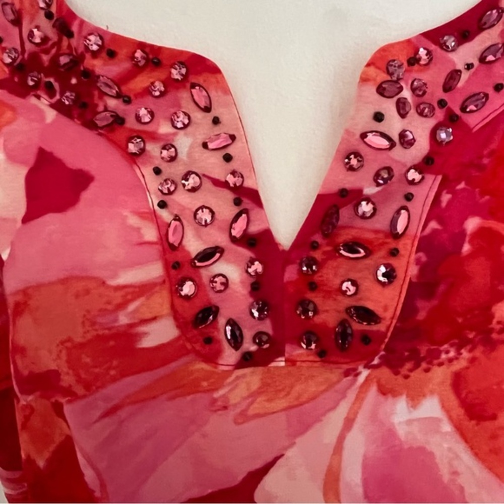 Maggie Barnes 1X Floral Sheer Pink V Neck Beaded Top Fairy Whimsical Tunic‎ Work - Picture 7 of 12
